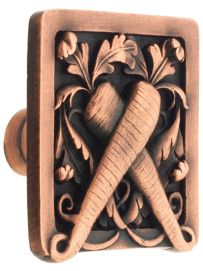 Leafy Carrot Cabinet Knob - 1 1/2 inch X 1 1/2 inch in Antique Copper.